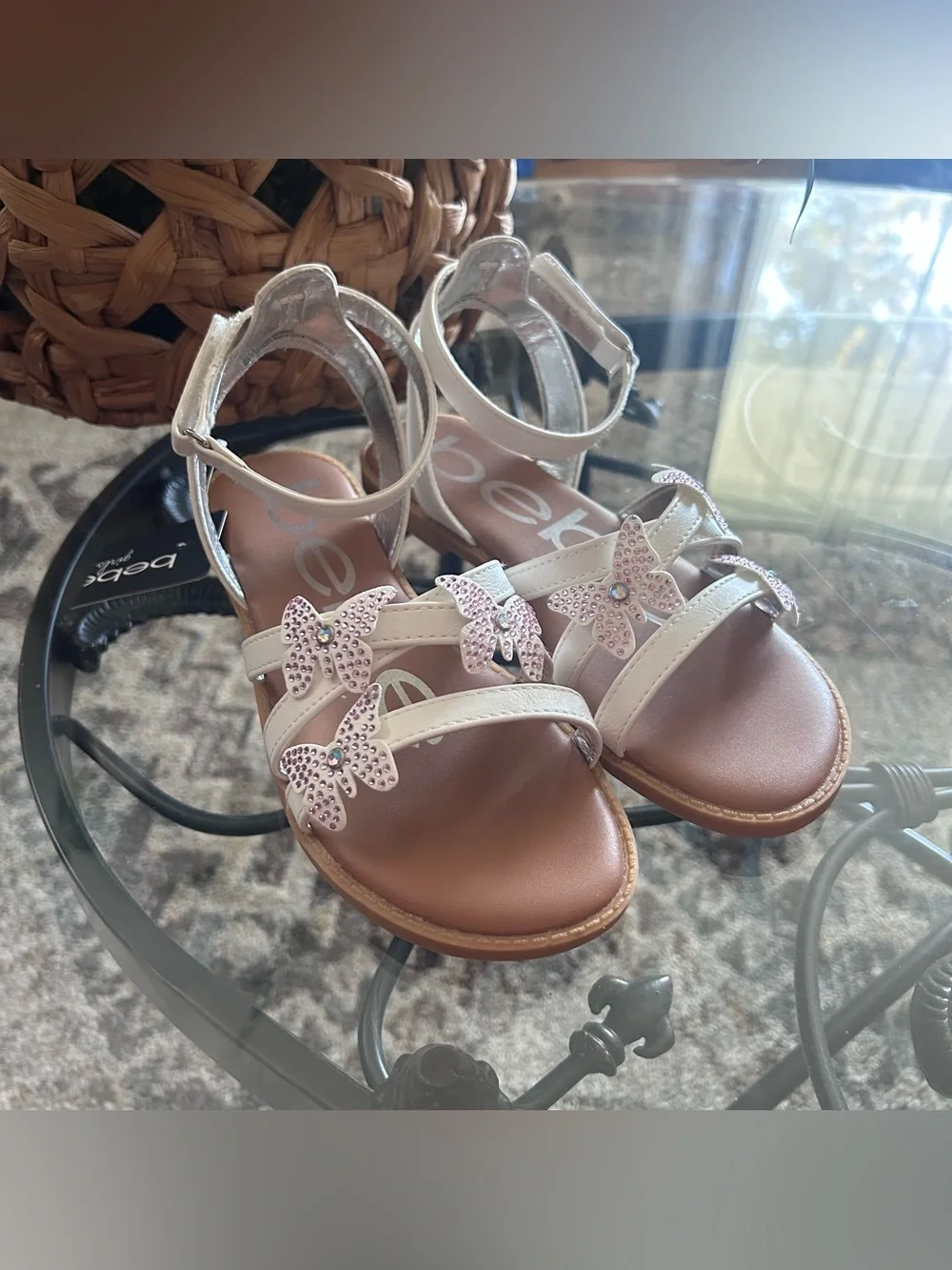 bebe Girl's Strappy Sandals with Rhinestone Butterfly Appliques